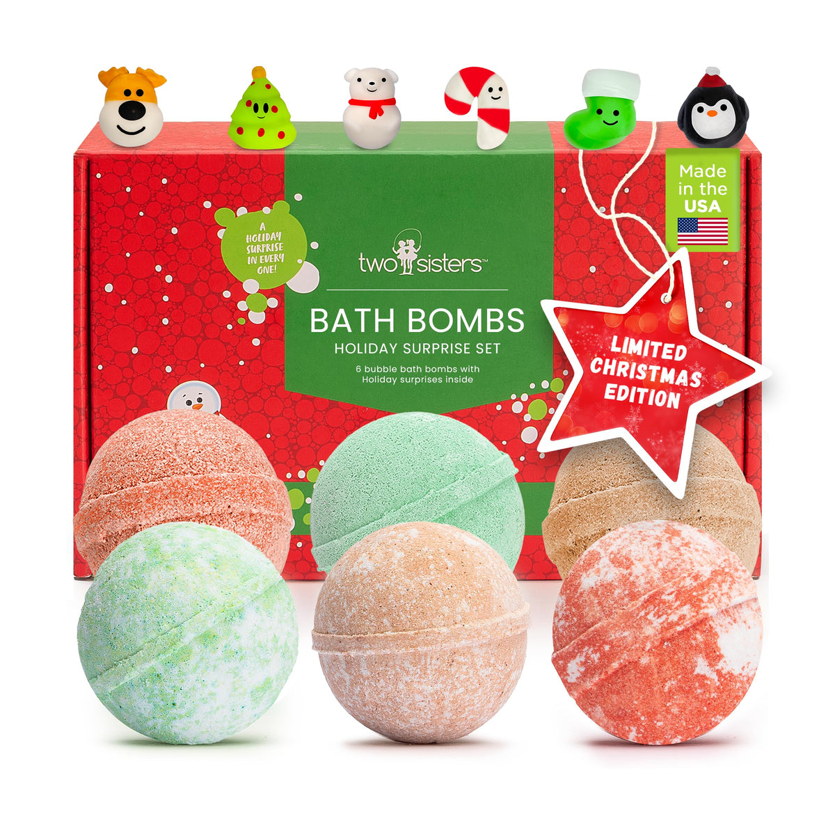 Two Sisters Christmas bath bomb with a surprise toy inside for festive bath time.