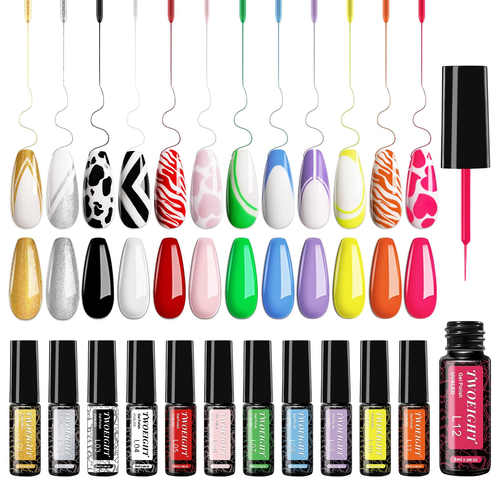 TWOEIGHT vernis gel liner – ensemble 12 couleurs pour designs variés.