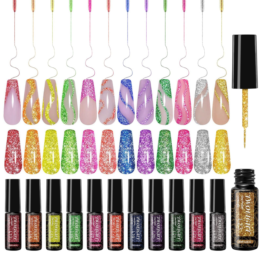 TwoEIGHT vernis liner pailleté réfléchissant, brille sous lumière naturelle pour designs étincelants.