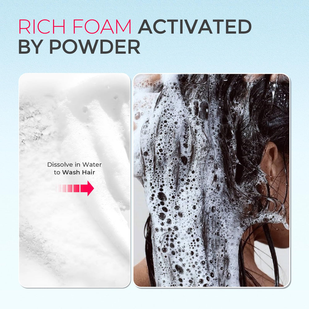 TYMO poudre mousse-lavage rapide crée une mousse riche pour cheveux propres en déplacement.