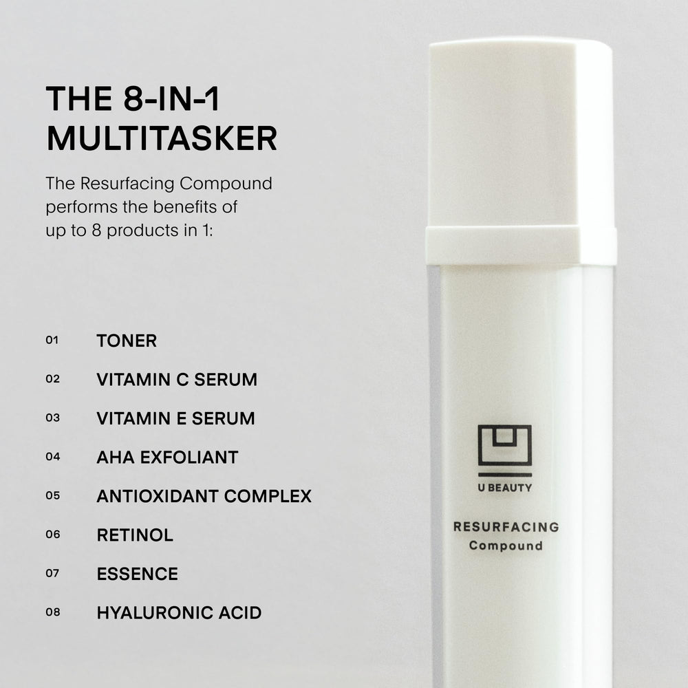 Goutte sur peau avec U Beauty Resurfacing Compound Serum révèle une hydratation légère.
