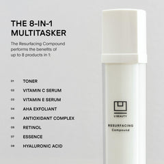 Goutte sur peau avec U Beauty Resurfacing Compound Serum révèle une hydratation légère.