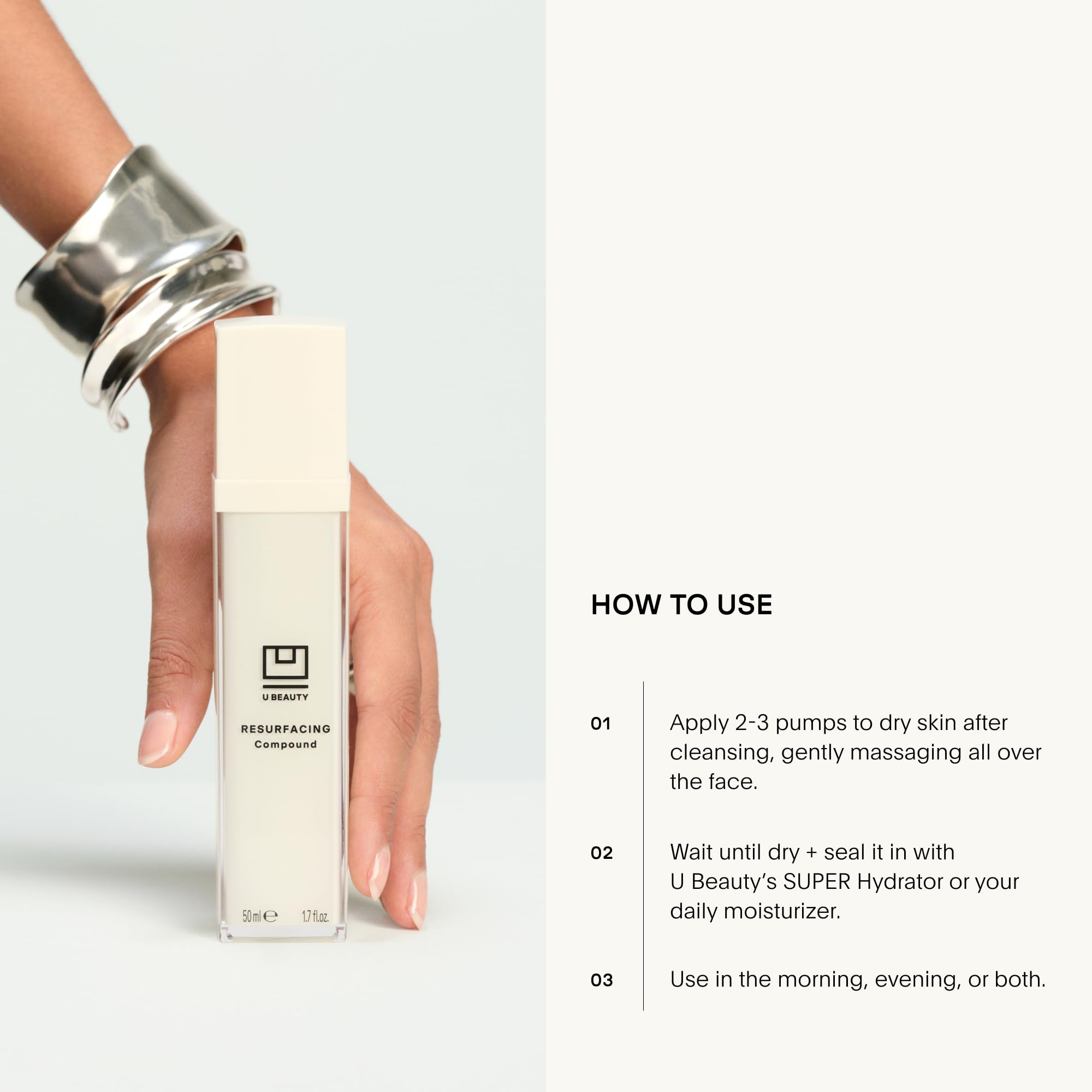 Teint plus homogène et ridules atténuées grâce au soin U Beauty Resurfacing Compound Serum.