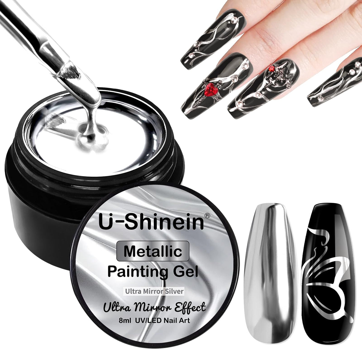 U-Shinein bouteille vernis metallique miroir, effet miroir intense sur les ongles.