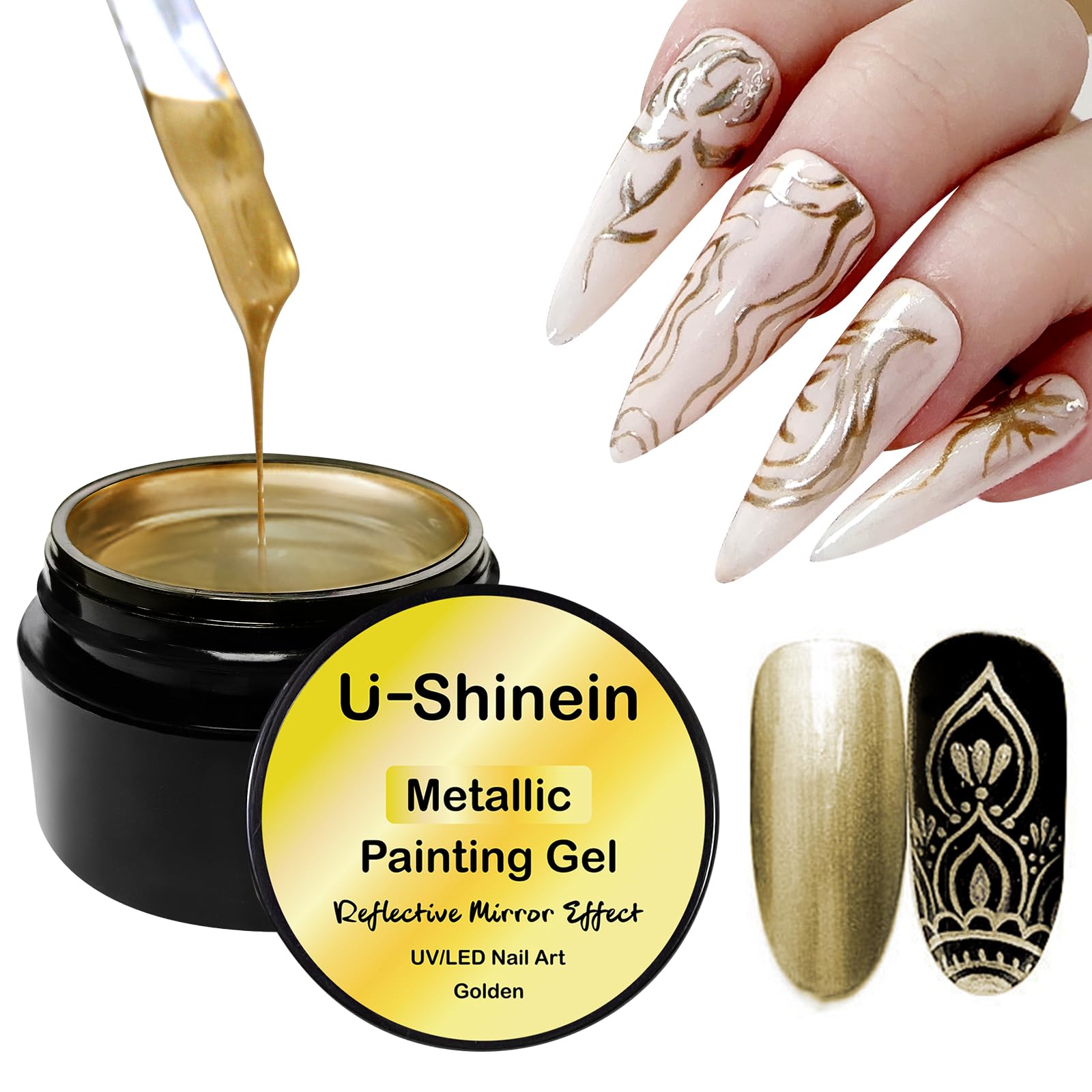 Vernis gel métal doré U-Shinein — bouteille montrant couleur et éclat pour miroir.