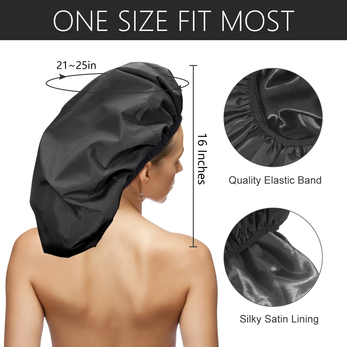 Intérieur satin doux du capuchon Auban protège la coiffure durant la douche.
