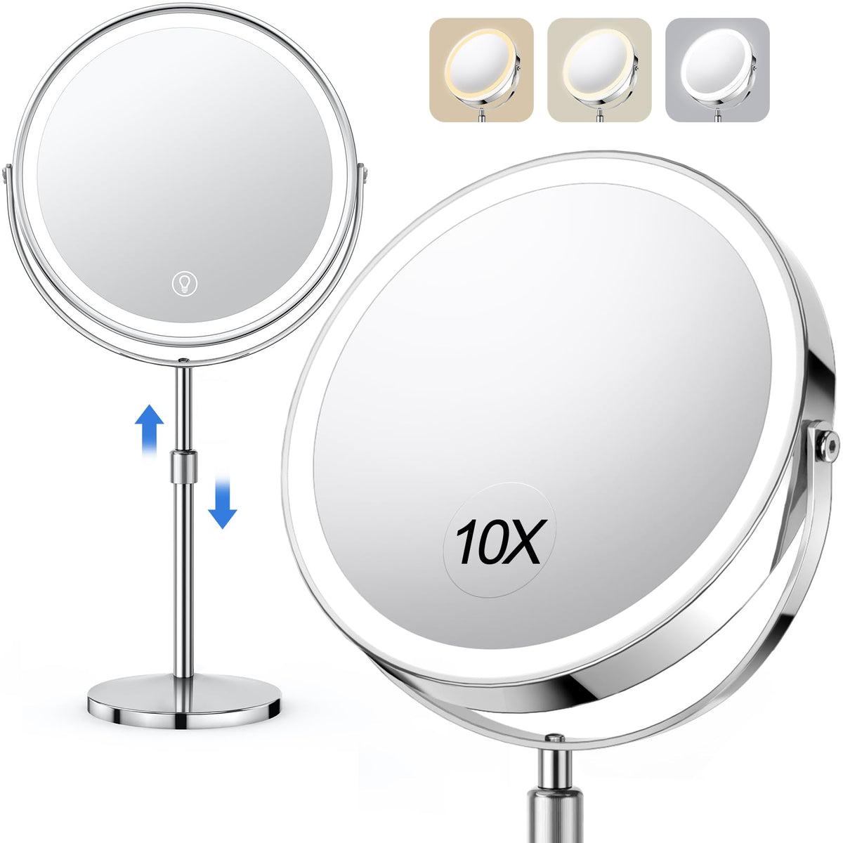 Miroir UBYMET double-face 1x/10x pour un maquillage précis.
