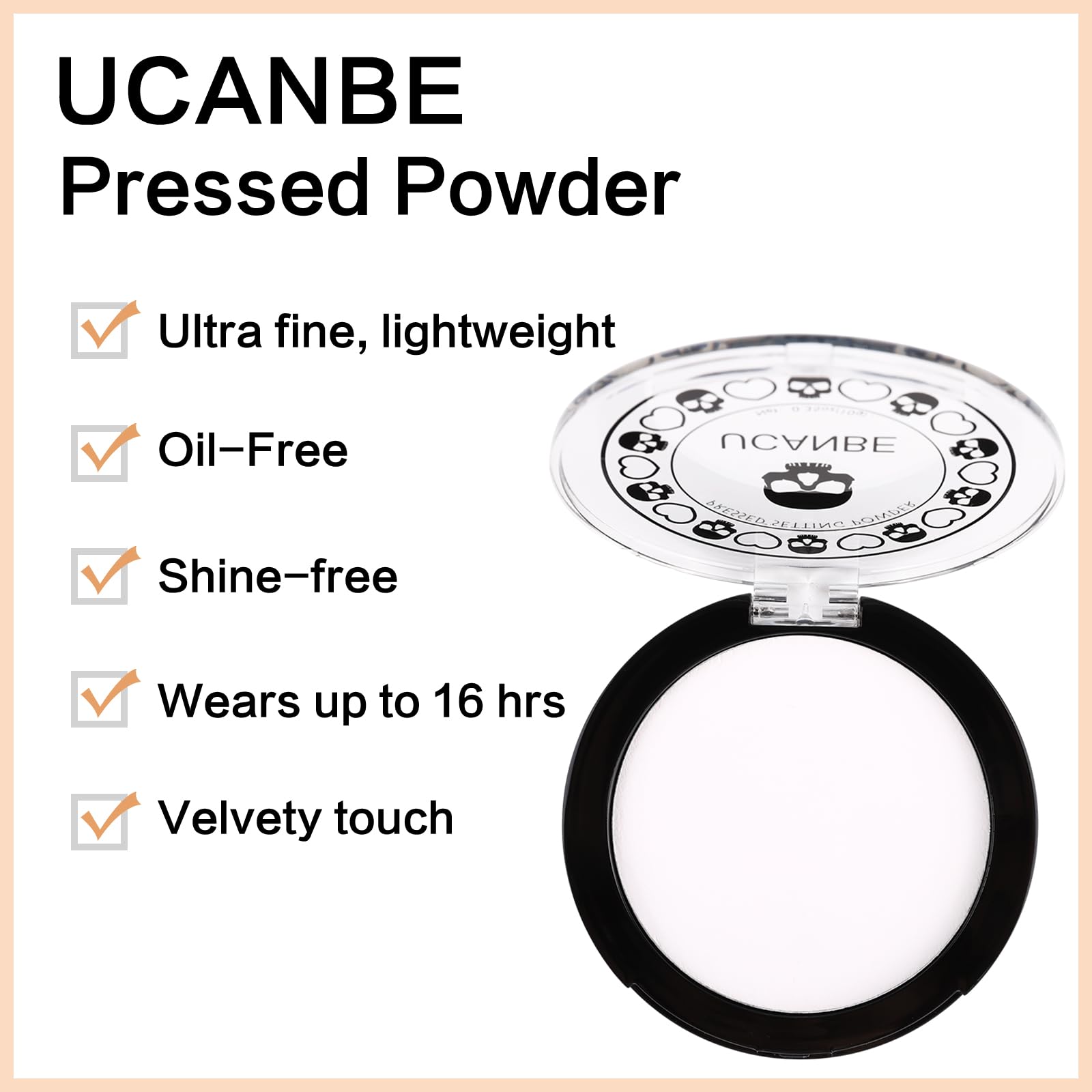 UCANBE poudre pressée blanche, échantillon swatch montrant une couvrance adaptable.