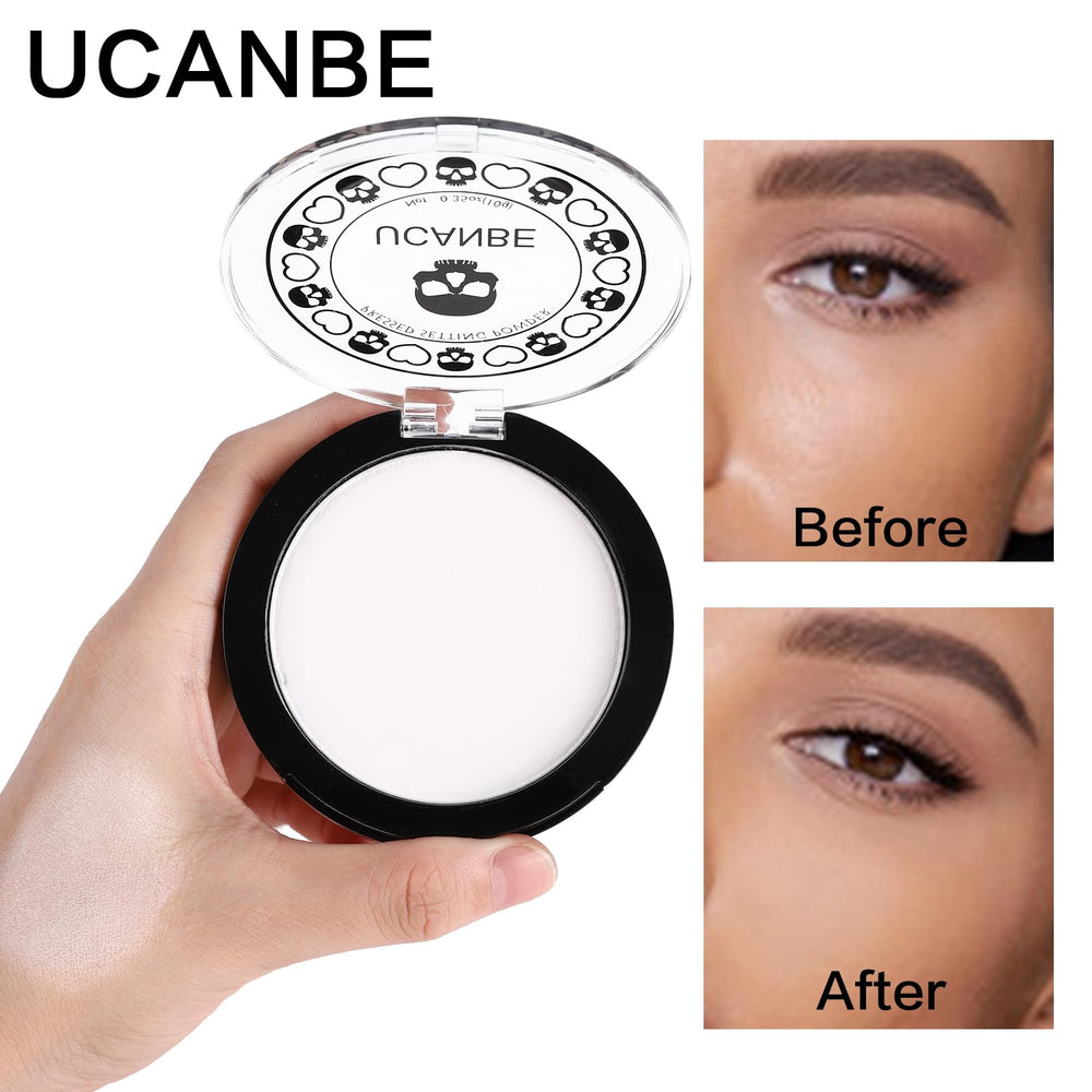 UCANBE poudre pressée blanche sur le visage, fini mat uniforme.