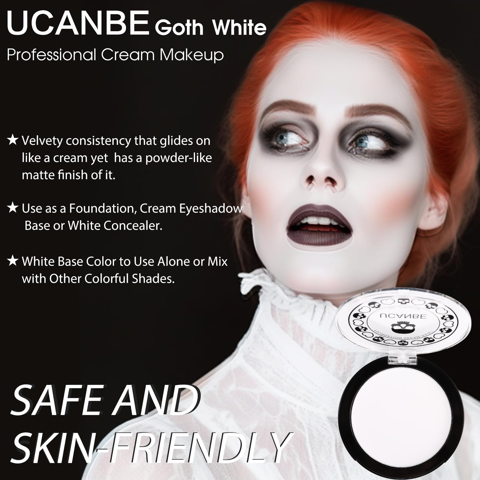 Teint blanc opaque UCANBE, couvrance uniforme durable pour un look costumé.
