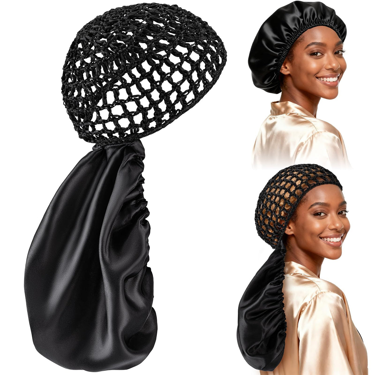 Udefineit bonnet de nuit 2-en-1 noir, protection nocturne des cheveux bouclés.