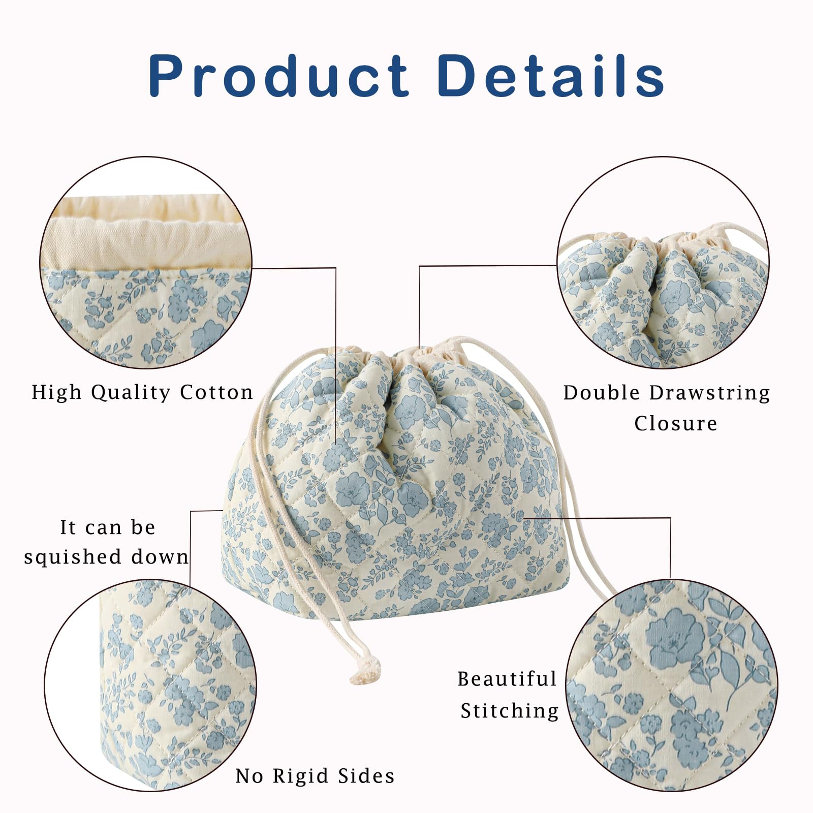 Design coquet et bleu fleuri, ajoutant une touche élégante à votre trousse beauté.