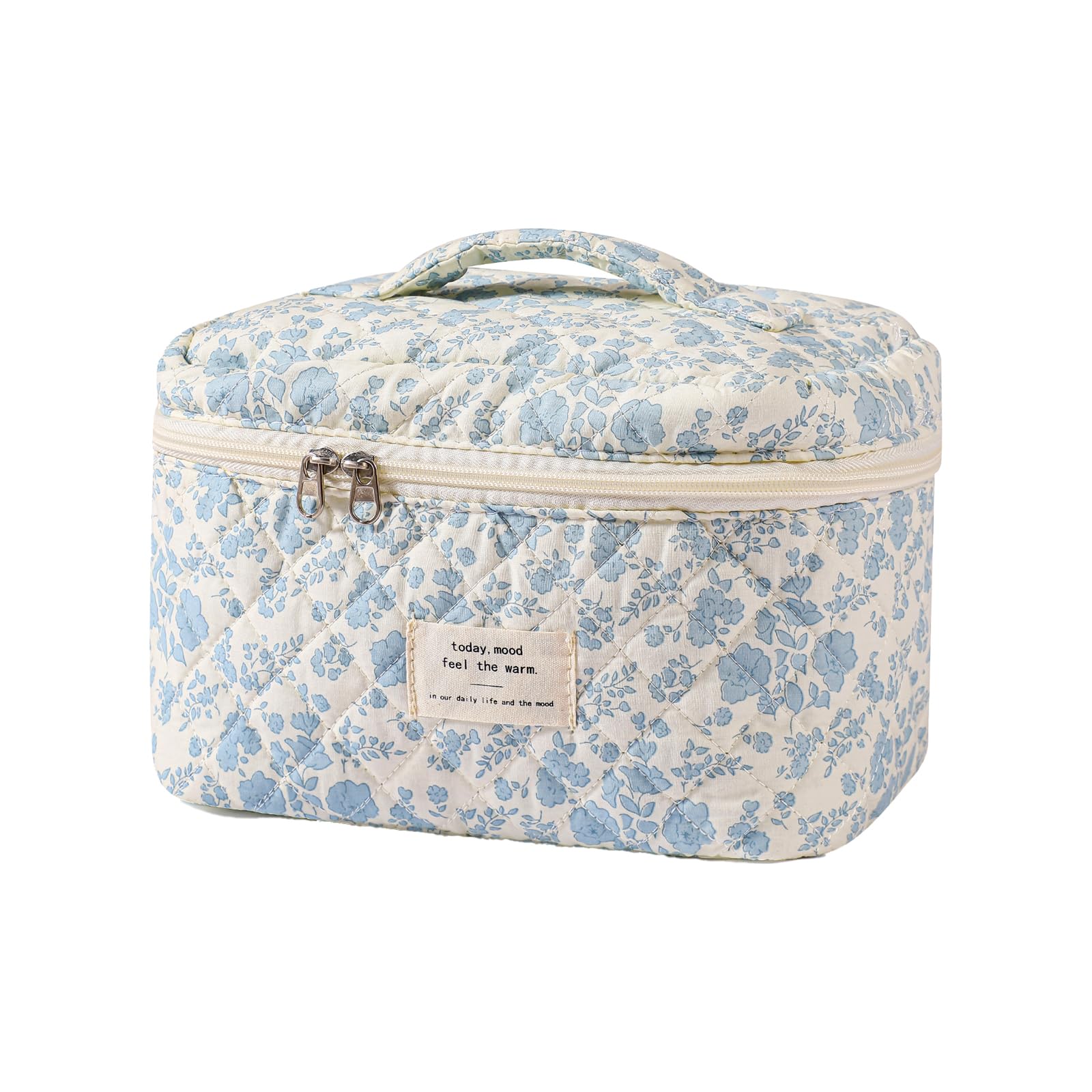 Sac maquillage de voyage uekeboag avec motif floral bleu, pratique et élégant.