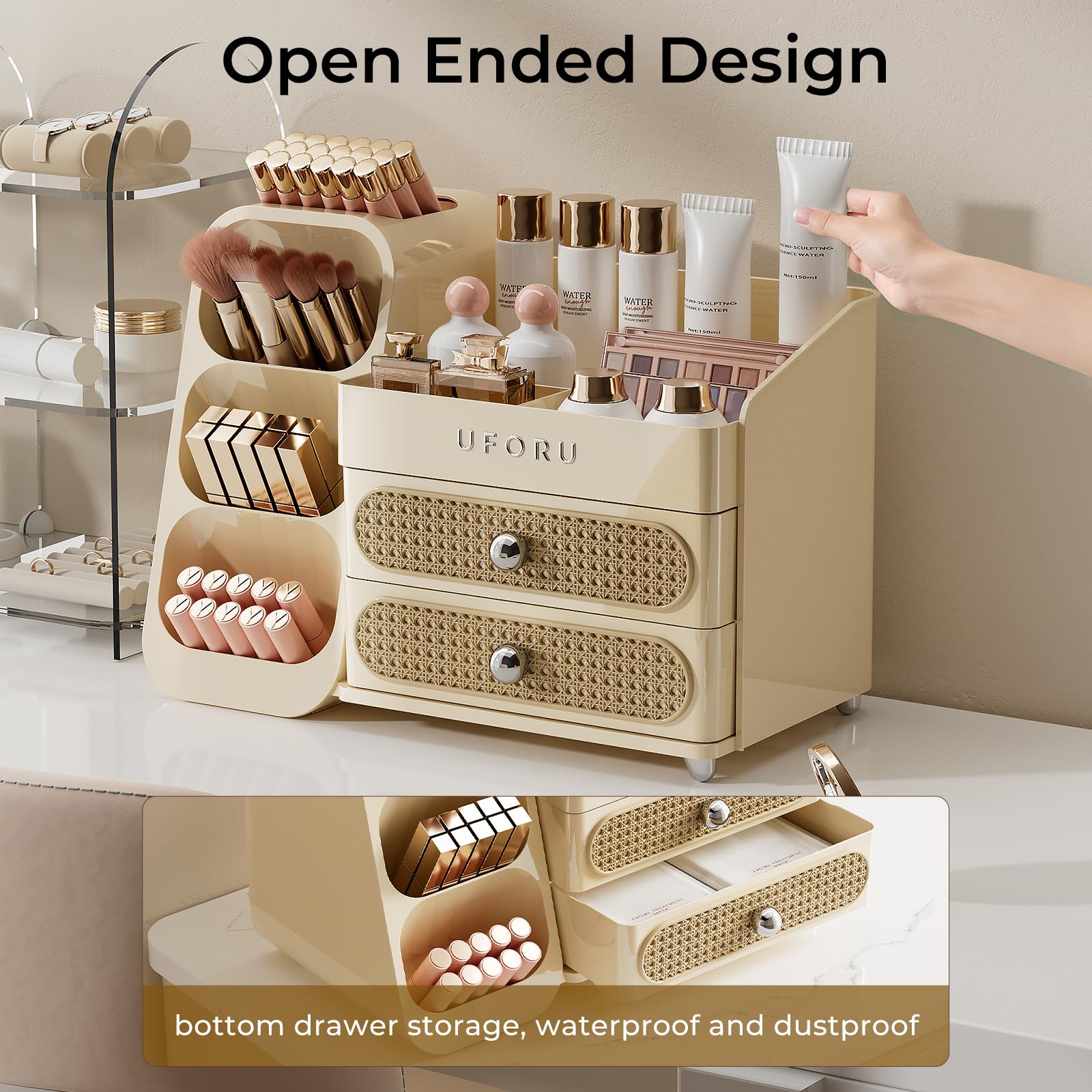 UFORU Display cosmétiques parfums et palettes yeux, accessibilité et présentation soignée