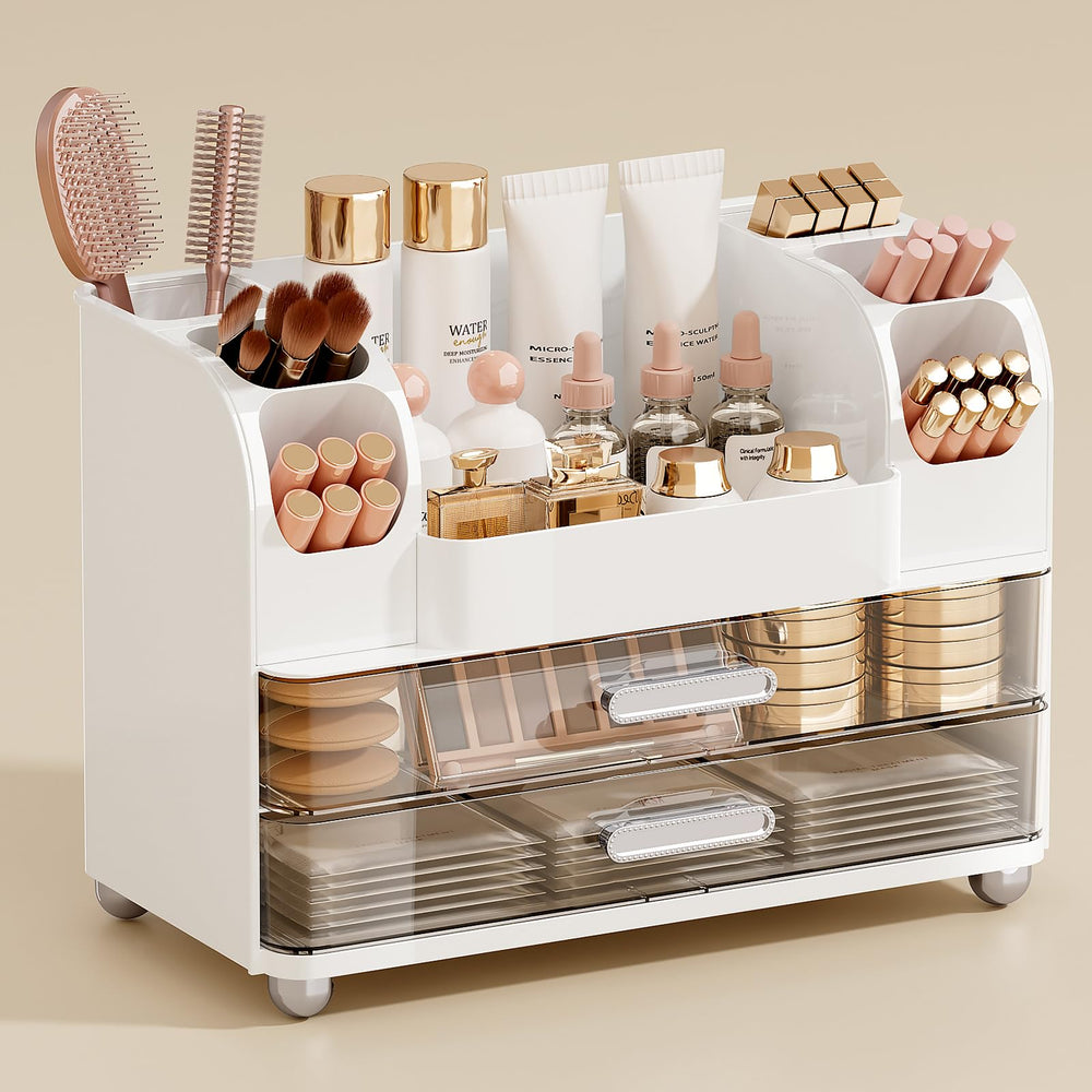 UFORU Organisateur Maquillage à 2 tiroirs sur vanity blanc, accès rapide à vos produits.