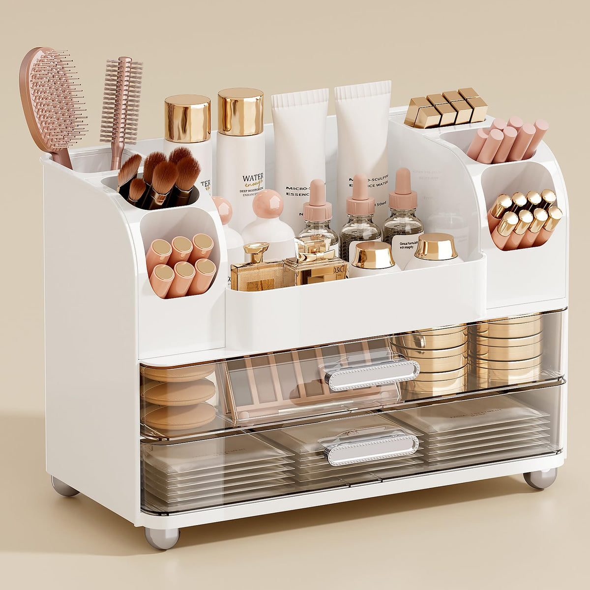 UFORU Organisateur Maquillage à 2 tiroirs sur vanity blanc, accès rapide à vos produits.