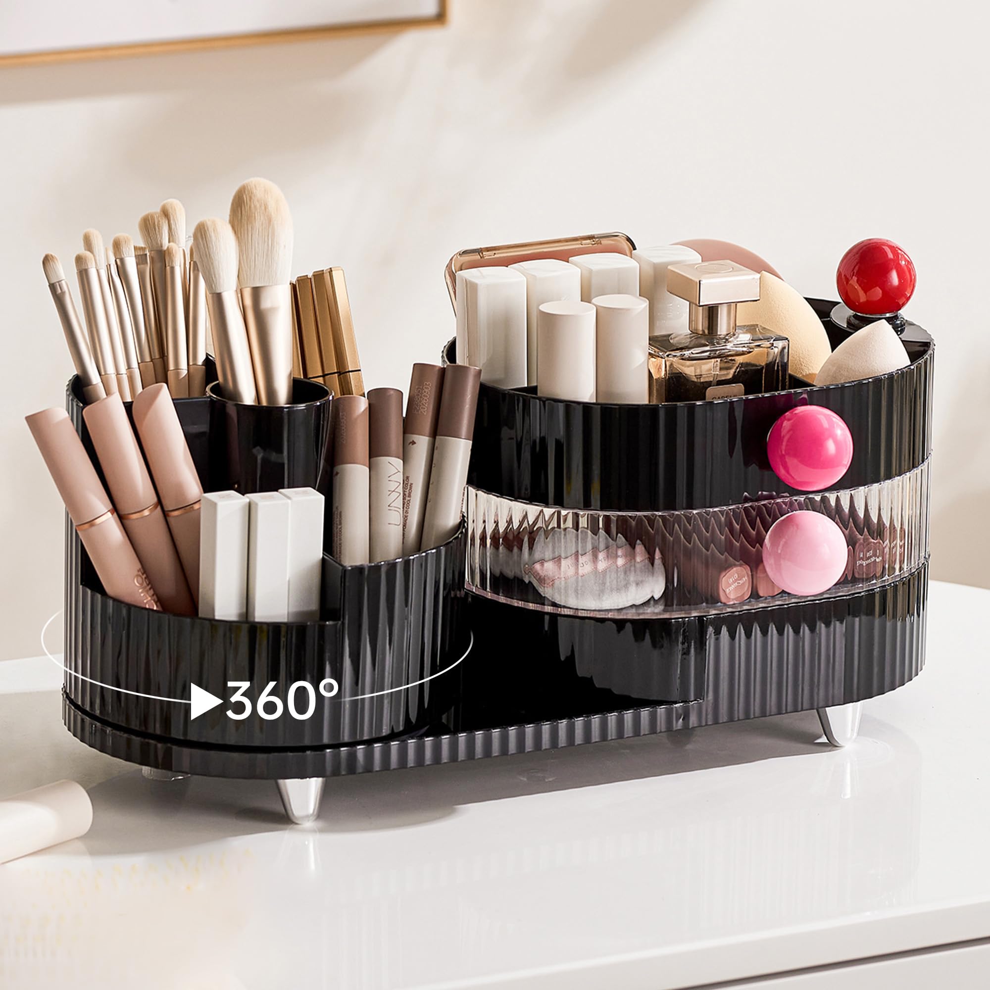 UFORU organiseur maquillage avec support pinceaux rotatif 360° pour un accès rapide.