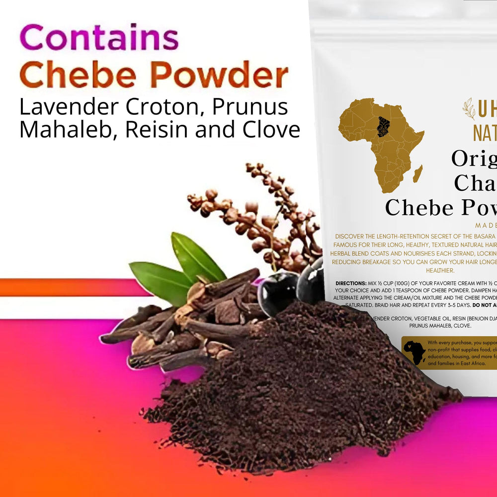Uhuru Naturals Ingrédients Chebe : lavande croton et huiles hydratantes.