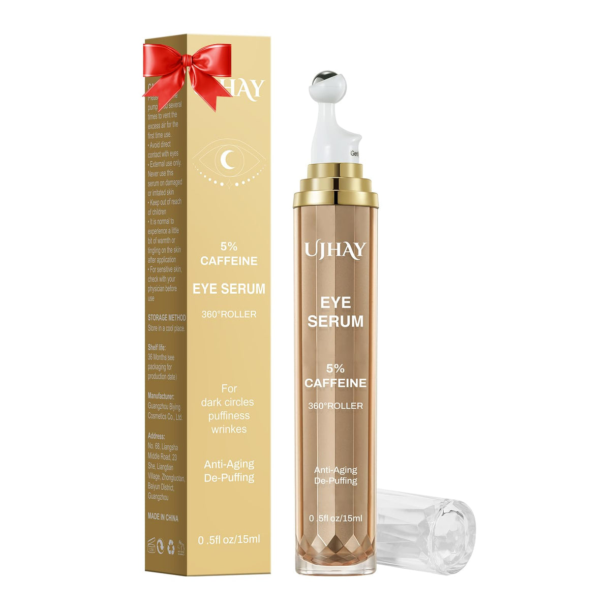 UJHAY Sérum Yeux 5% caféine avec boule de massage 360° pour absorption ciblée et fraîcheur.
