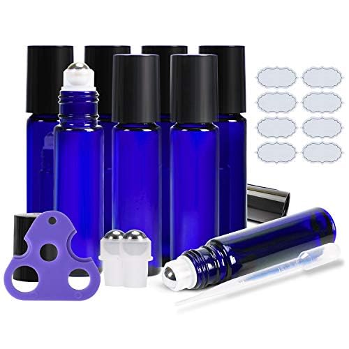 Bouteille roll-on ULG de 10 ml en verre bleu avec bille acier inoxydable, parfaite pour huiles essentielles