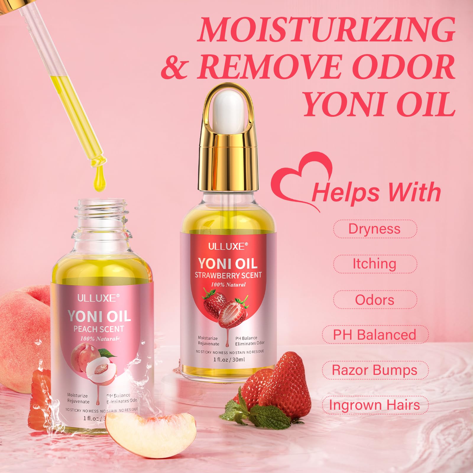 ulluxe huile yoni fraise-bouteille : parfum fruité et fraîcheur délicate.