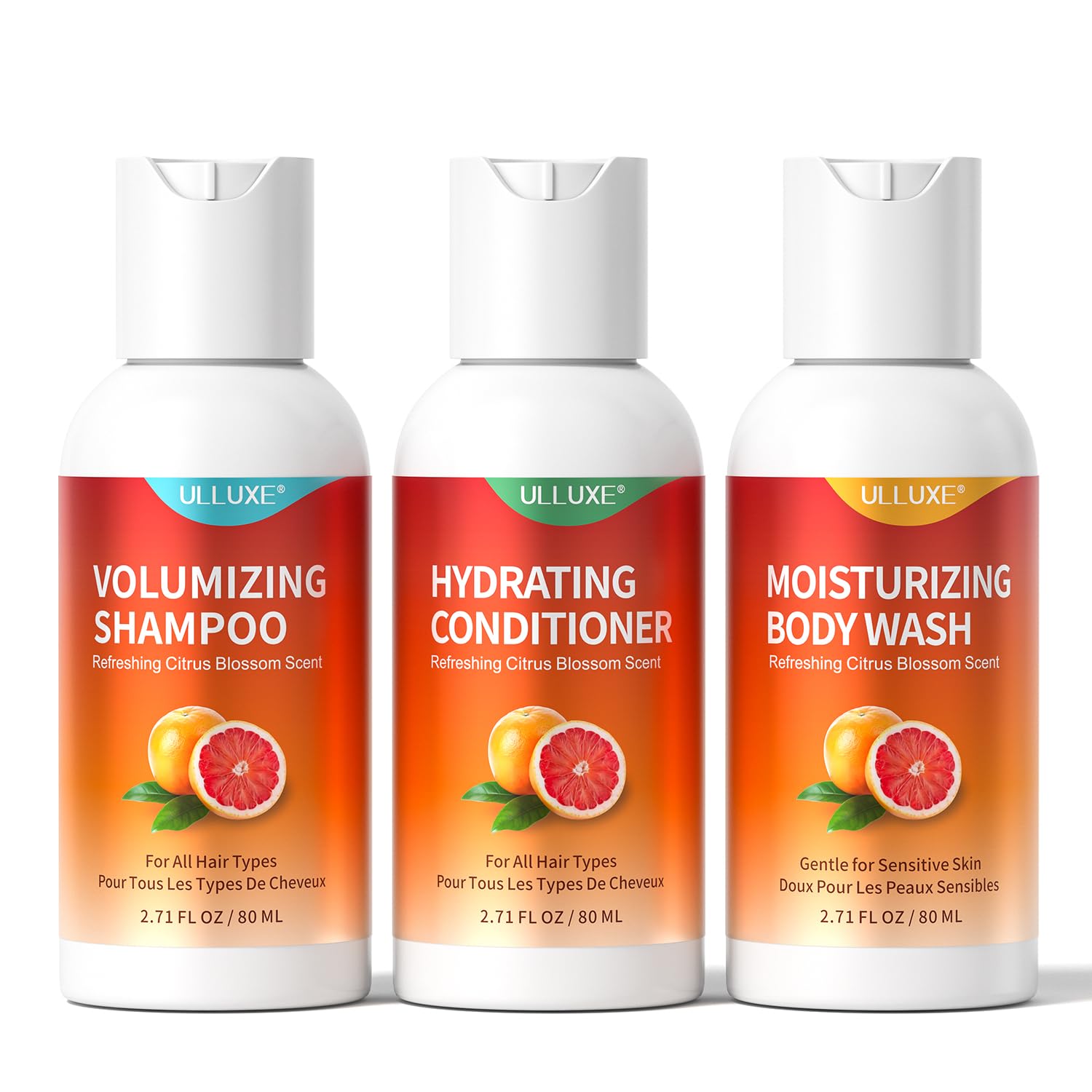 Kit voyage Ulluxe: trio shampooing, après-shampooing et douche, pratique pour les déplacements