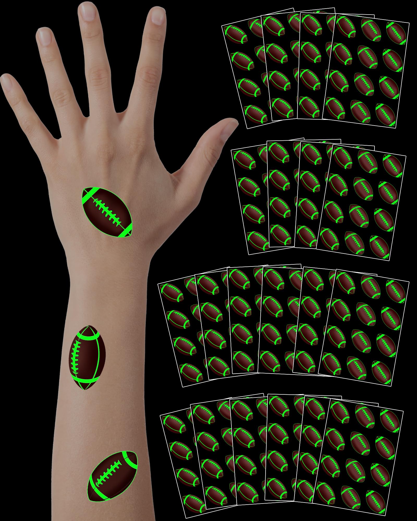 Ulmisfee tatouages football lumineux: paquet 20 feuilles prêt pour une décoration festive.