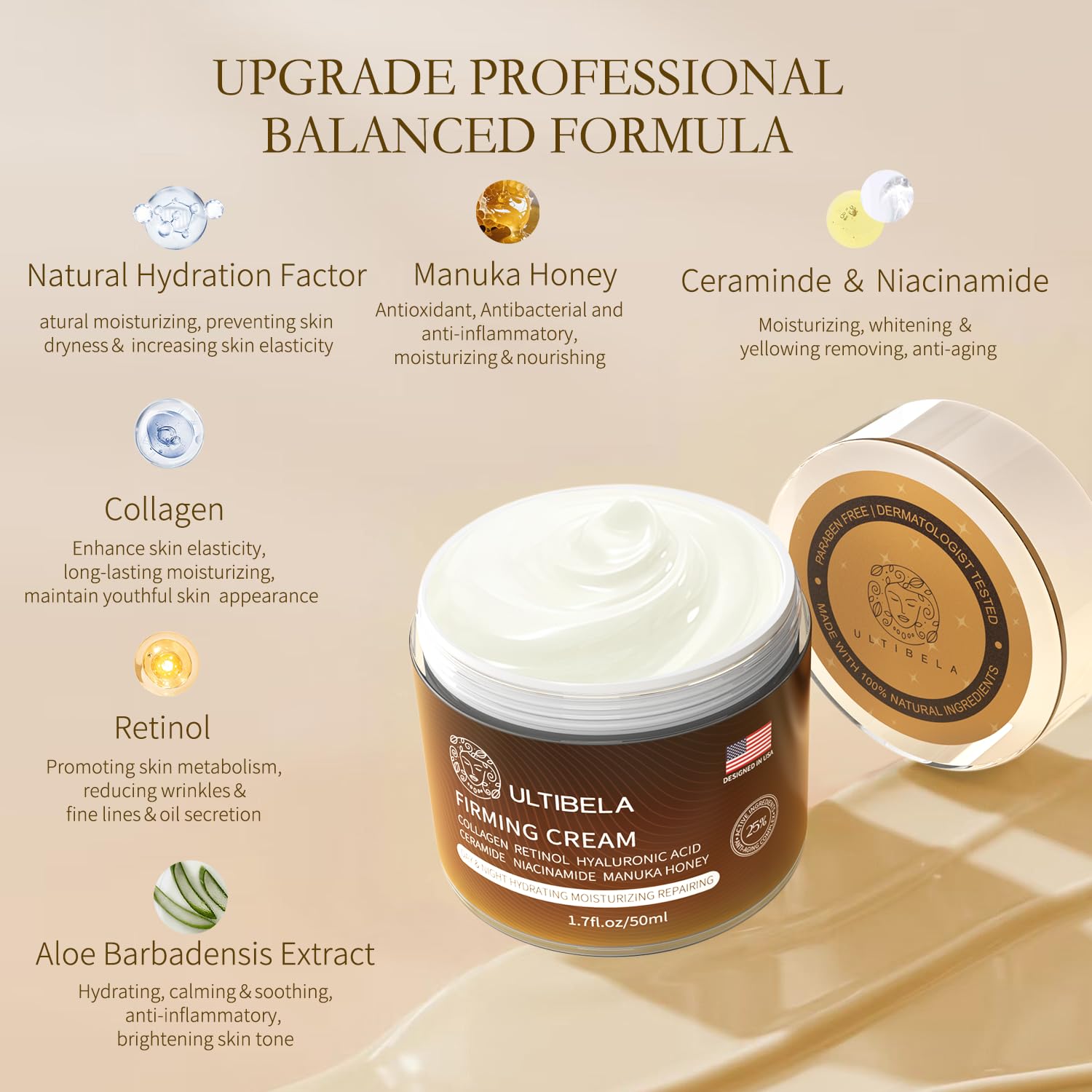 ULTIBELA Crème Cou – texture hydratante avec céramides et acide hyaluronique.