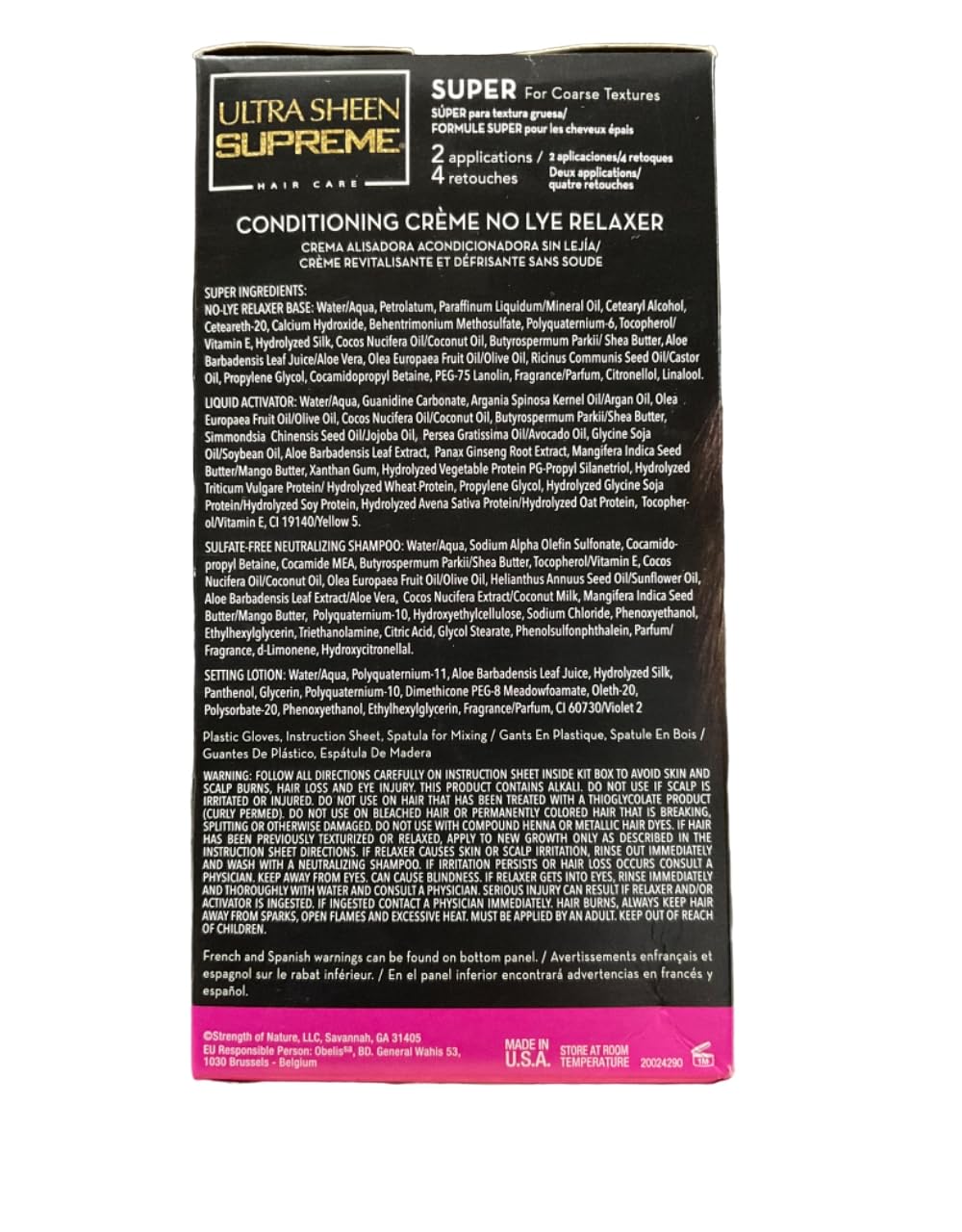 Ultra Sheen Supreme Défrisant Emballage: présentation pratique pour une utilisation facile.