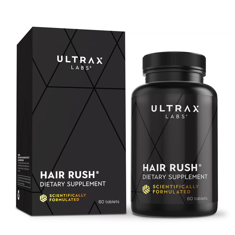 Hair Rush Ultrax Labs, bouteille en train de verser, dose simple dans la routine capillaire.