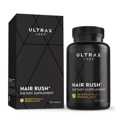 Hair Rush Ultrax Labs, bouteille en train de verser, dose simple dans la routine capillaire.