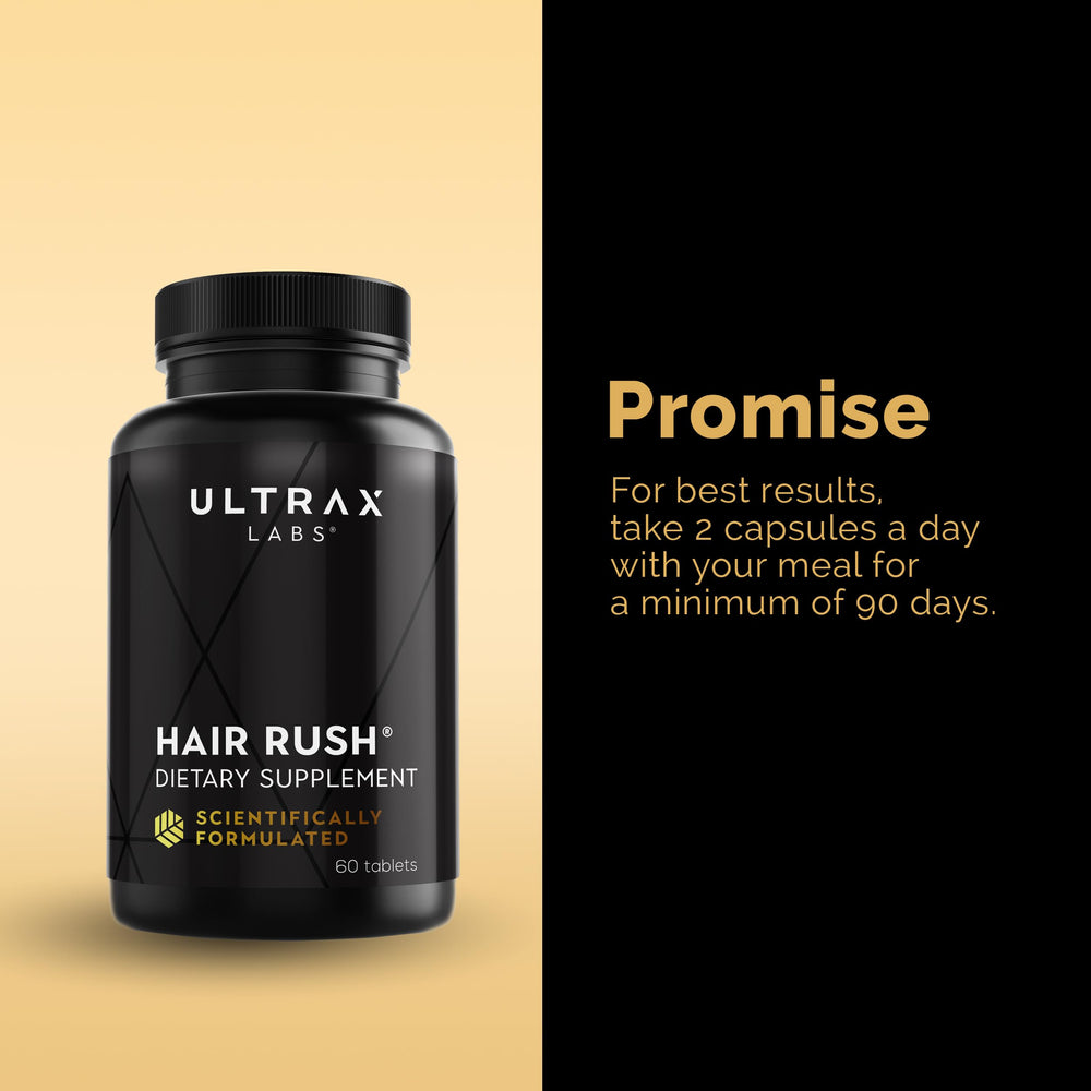 Hair Rush Ultrax Labs, emballage 60 comprimés, format pratique pour la prise.