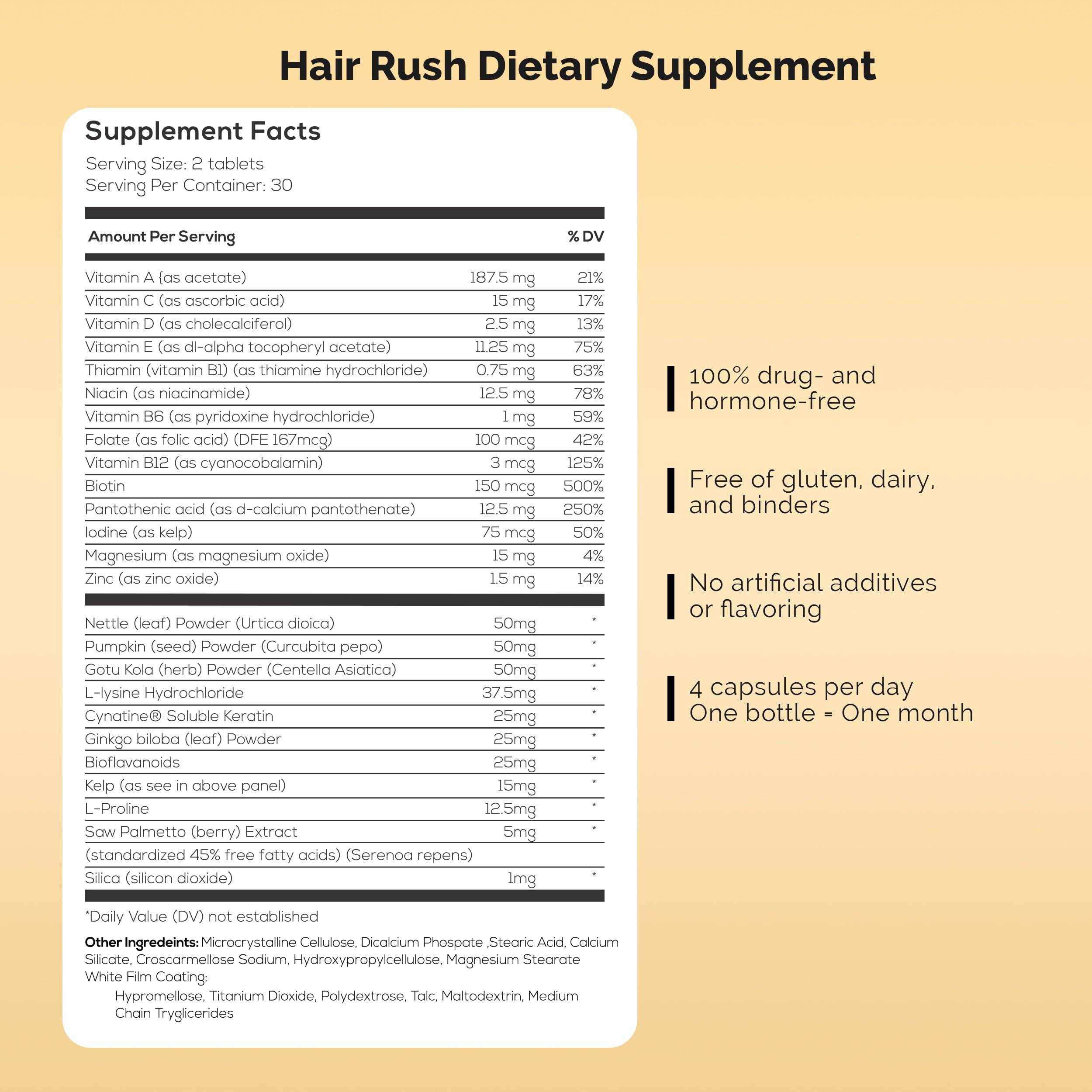 Hair Rush Ultrax Labs, gélules présentées, apport quotidien de nutriments.