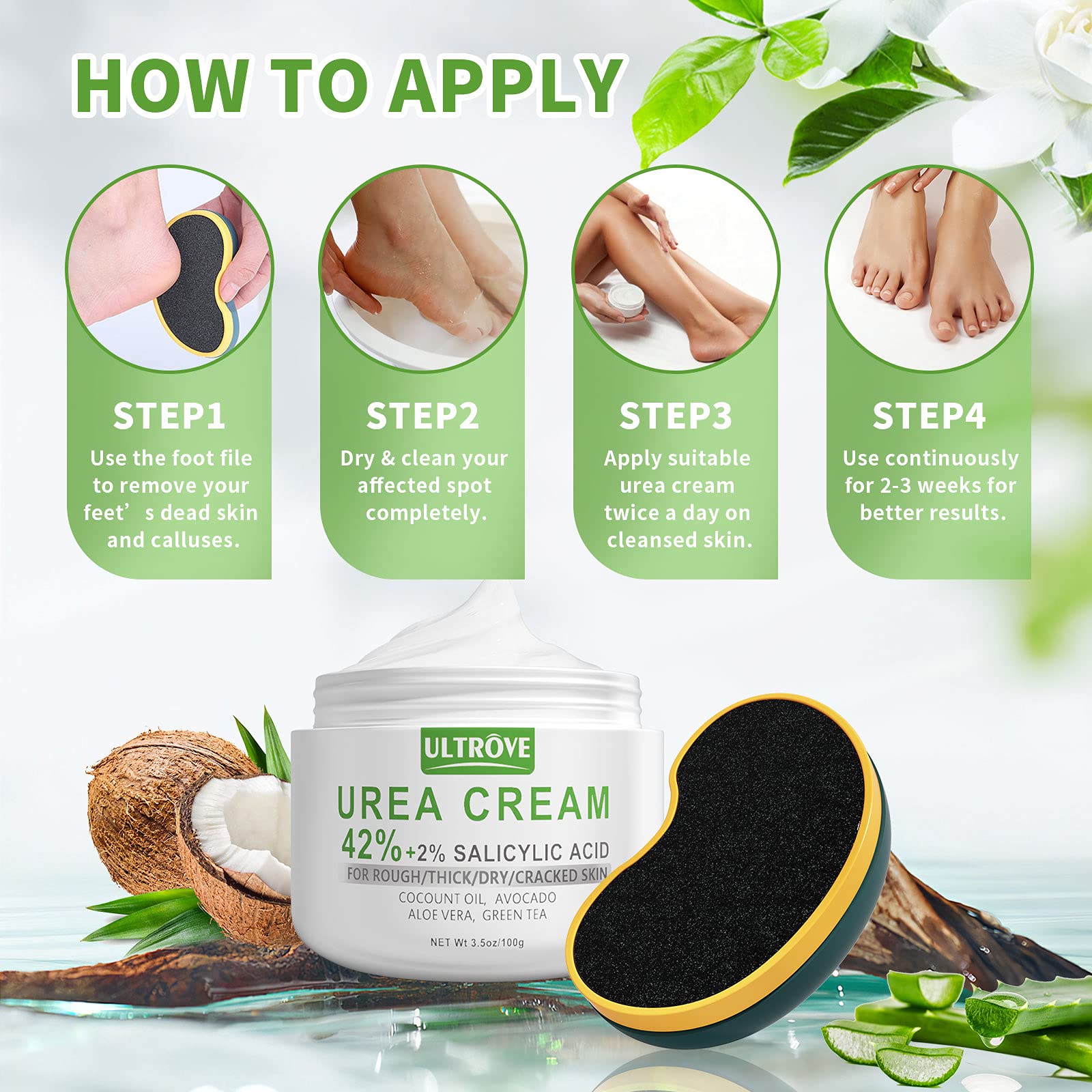Absorption rapide de la crème Ultrove dans la peau des pieds.