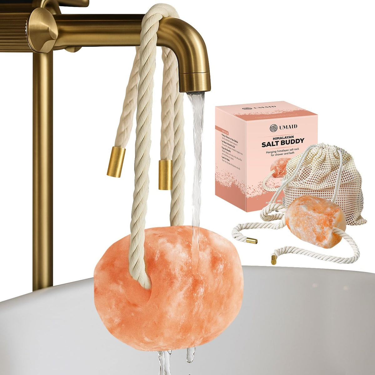 UMAID Sel Himalayen – gros plan sur la pierre rose pour une détente spa à domicile
