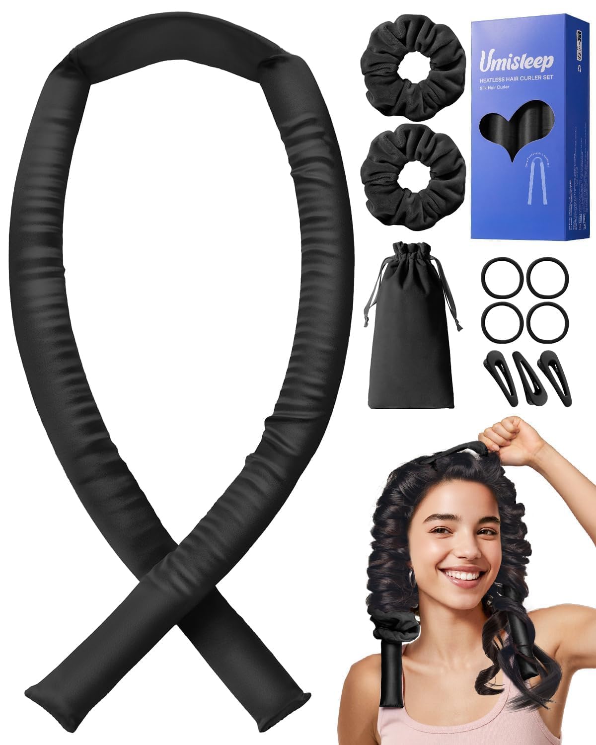 Boucles sans chaleur Umisleep avec soie 22 Momme pour réduire les frottements.