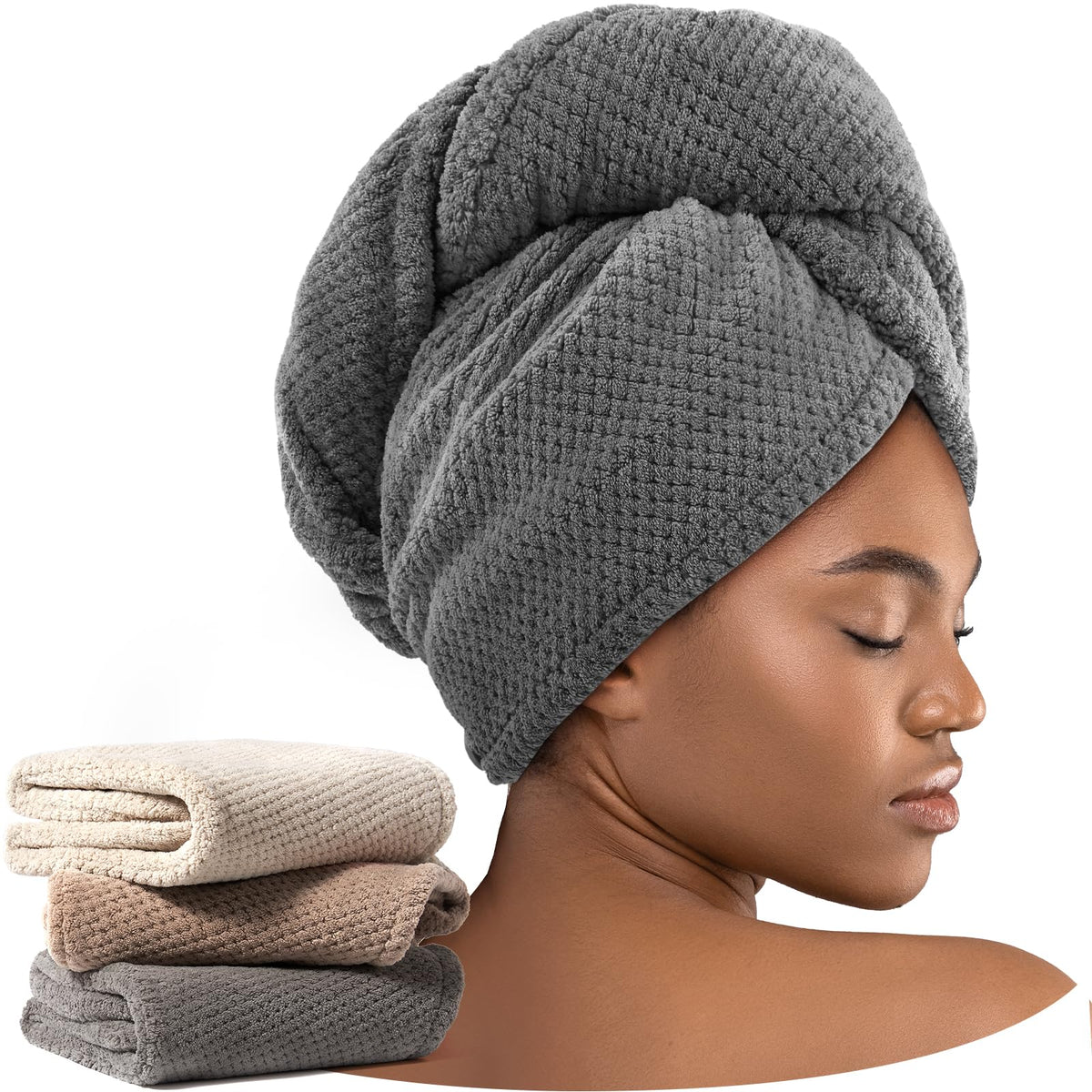 Umisleep serviette-turban microfibre sur cheveux gris, absorption rapide.