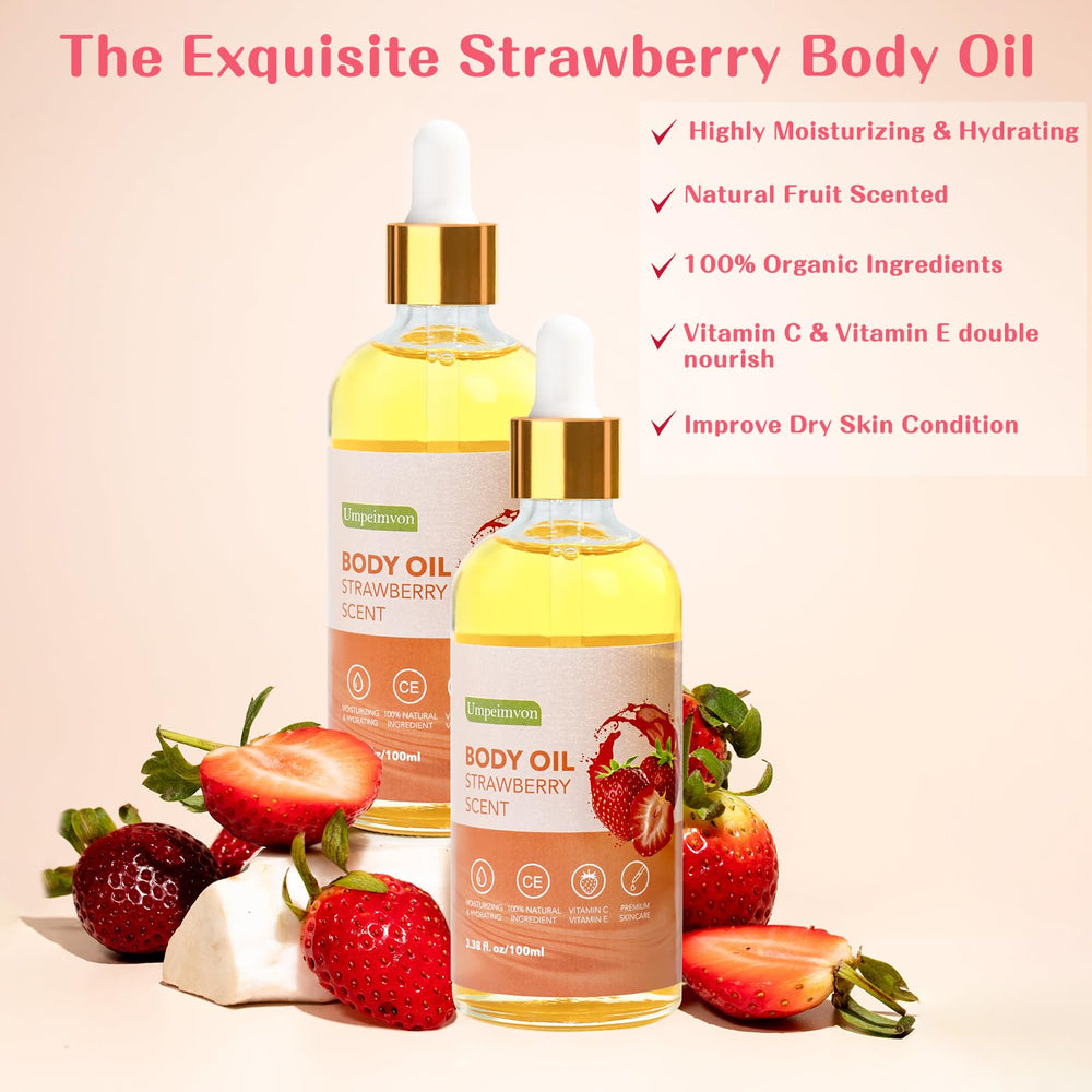 Umpeimvon huile corporelle fraise – application douce sur la peau.