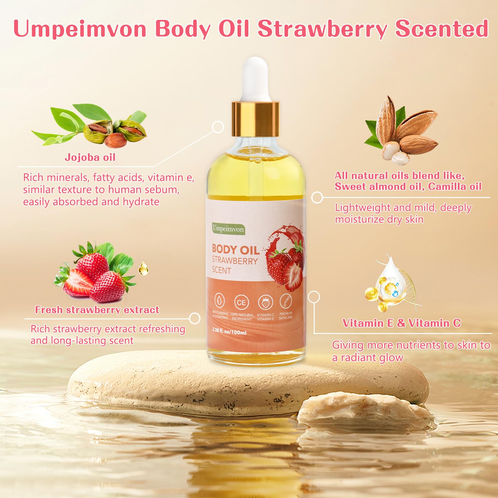 Umpeimvon huile corporelle fraise – ingrédients nourrissants pour la peau.
