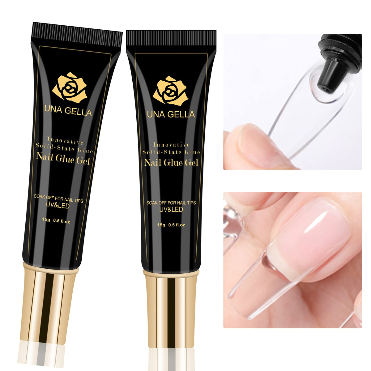 UNA GELLA montre une bouteille de colle gel avec un versement précis.