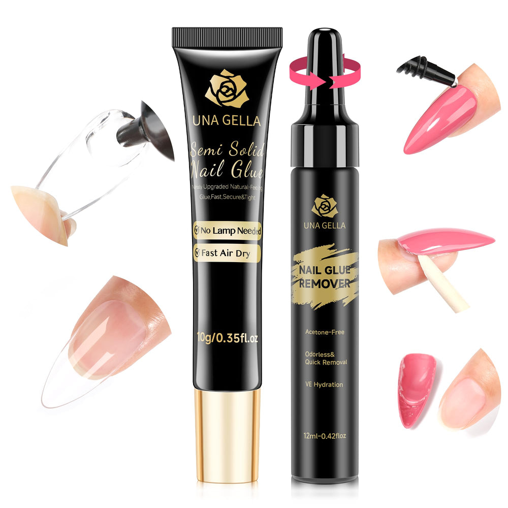 UNA GELLA Colle ongles semi-solide 10 ml pour adhérence rapide sans lampe.