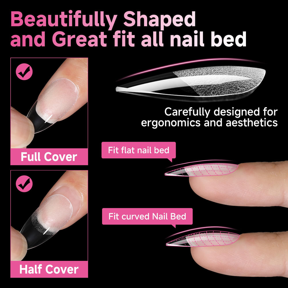 Ongles amande UNA GELLA transparents pour un rendu naturel.