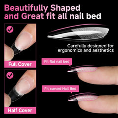 Ongles amande UNA GELLA transparents pour un rendu naturel.