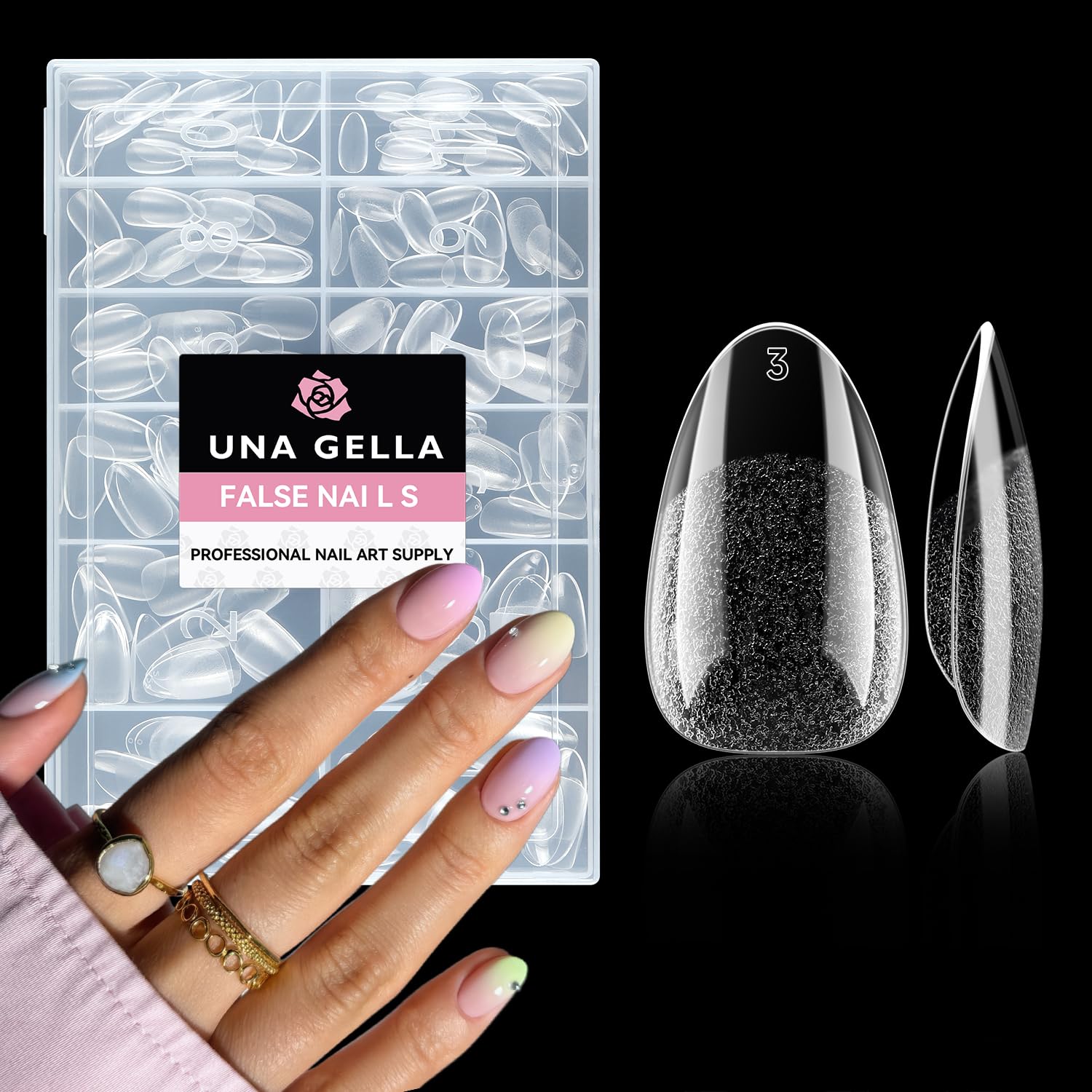 UNA GELLA Short Almond Round: ongles faux amande, couverture claire et naturelle.