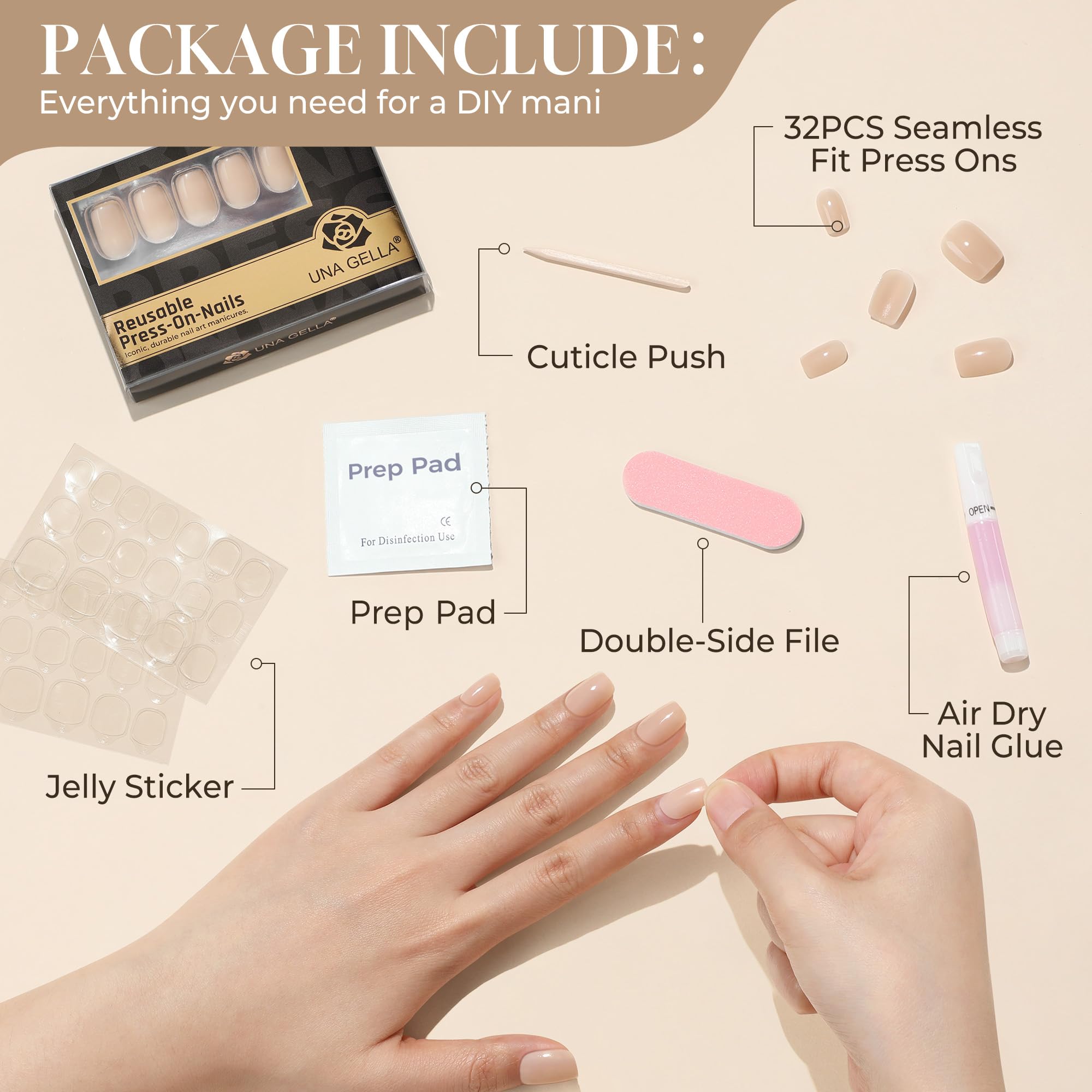 UNA GELLA ongles press-on nude soft gel, tenue pouvant durer plus de deux semaines