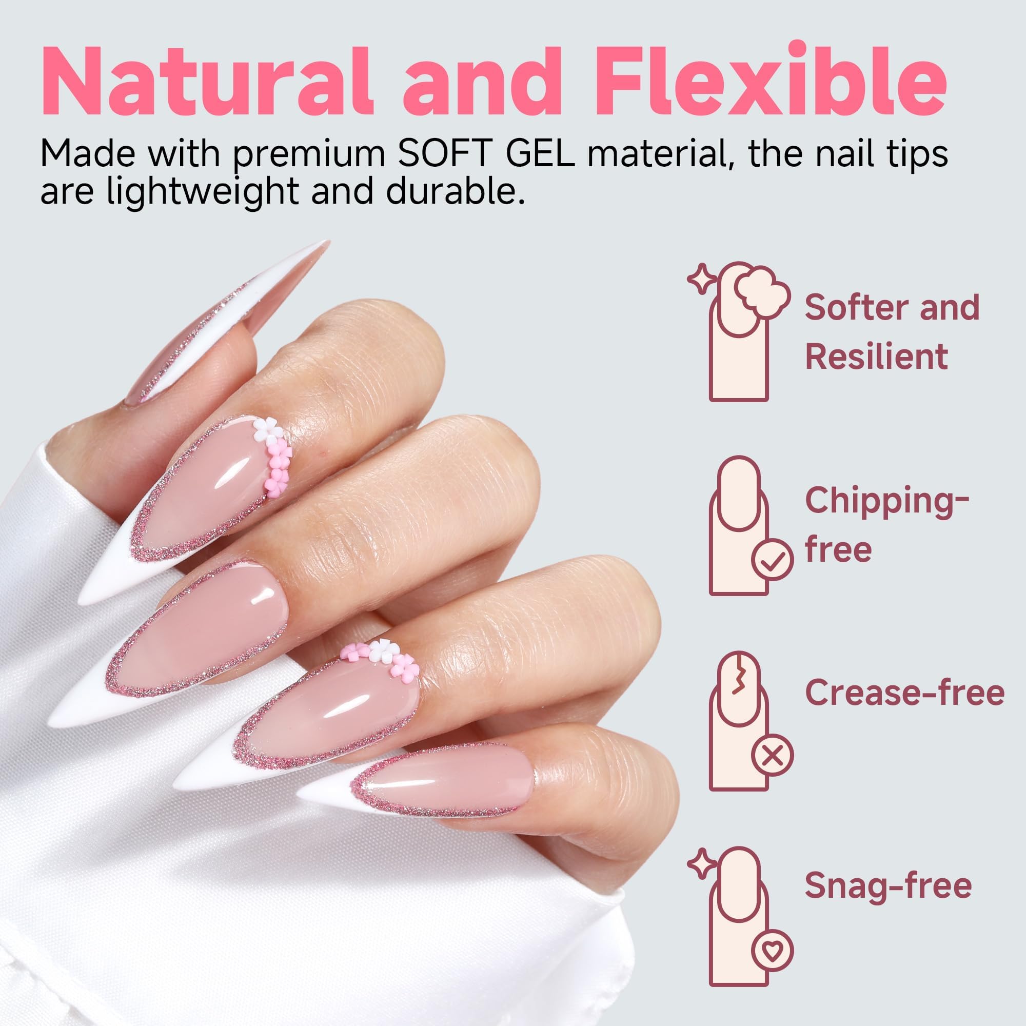UNA GELLA ongles stiletto long, face brillante pour un look net.