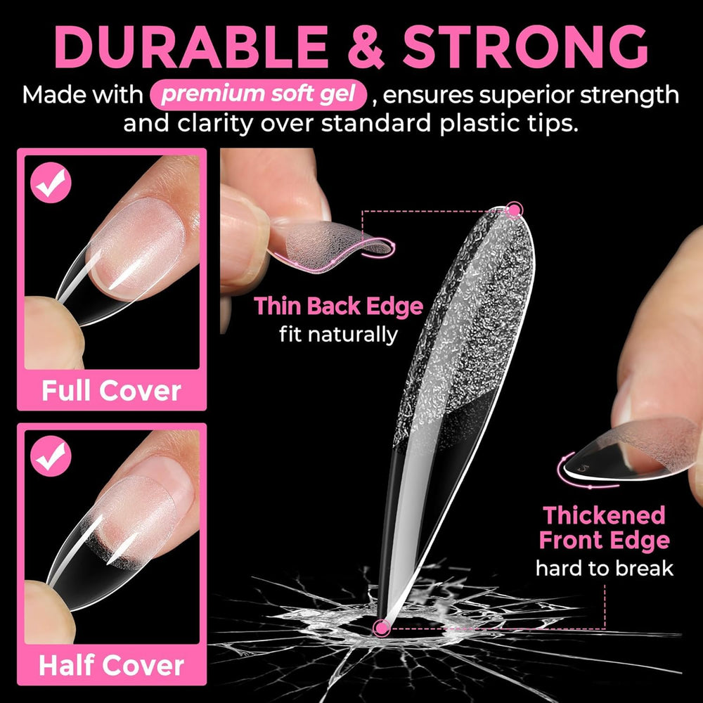 UNA GELLA pointes amande 216pcs adhérence durable, pour une manucure longue.