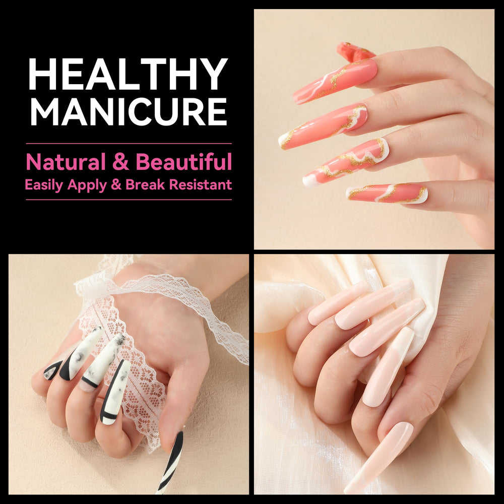 Ongles UNA GELLA forme cercueil XXL, ajustement naturel et fini clair.