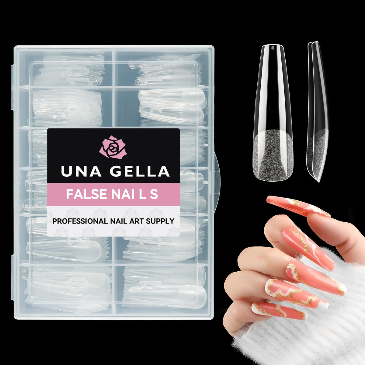 Ongles UNA GELLA en forme cercueil XXL pour une pose durable.