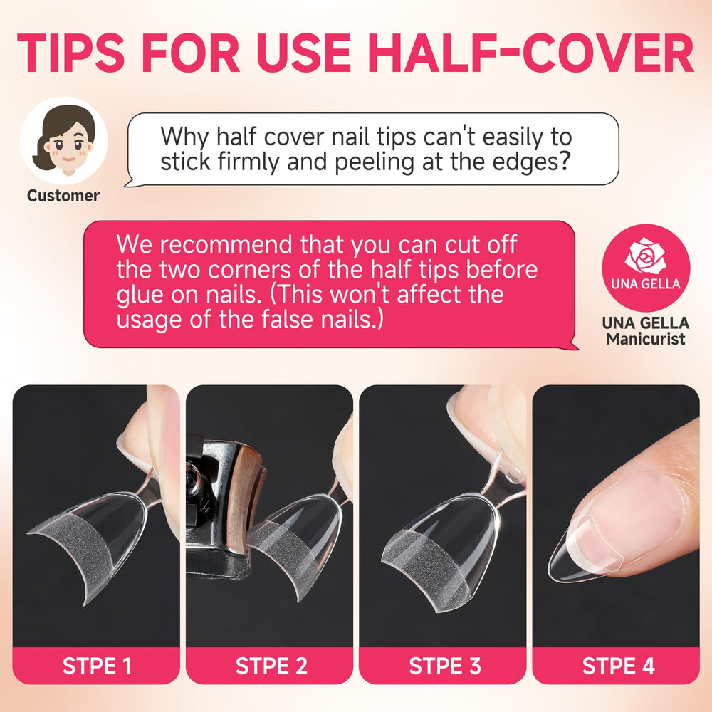 UNA GELLA: ongles gel amande court demi-couverture, expérience salon à domicile rapide.